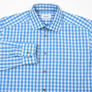Eton Shirt Men's 41x16 Blue White Gingham Plaid Check L/S Slim Business Dress
